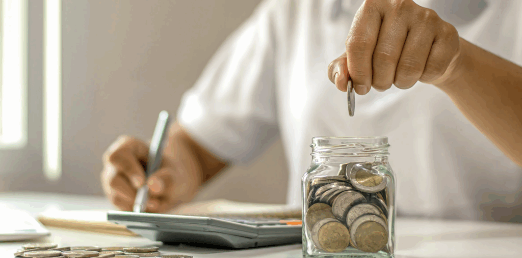 Person depositing coins into a jar while calculating adoption costs in Texas, emphasizing financial planning for adoption.